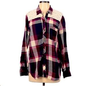 LUCKY Brand Plaid Shirt With Lace Yoke Size M